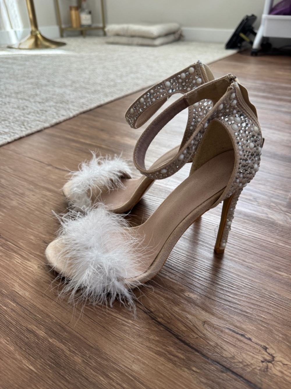 Amazon Nude Feather Toe Crystal-Ankle Stiletto Heels